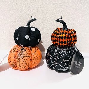 NWT Halloween Web Checkered Polka Dot Fabric 8” Fabric Pumpkin Stack Set of 2
